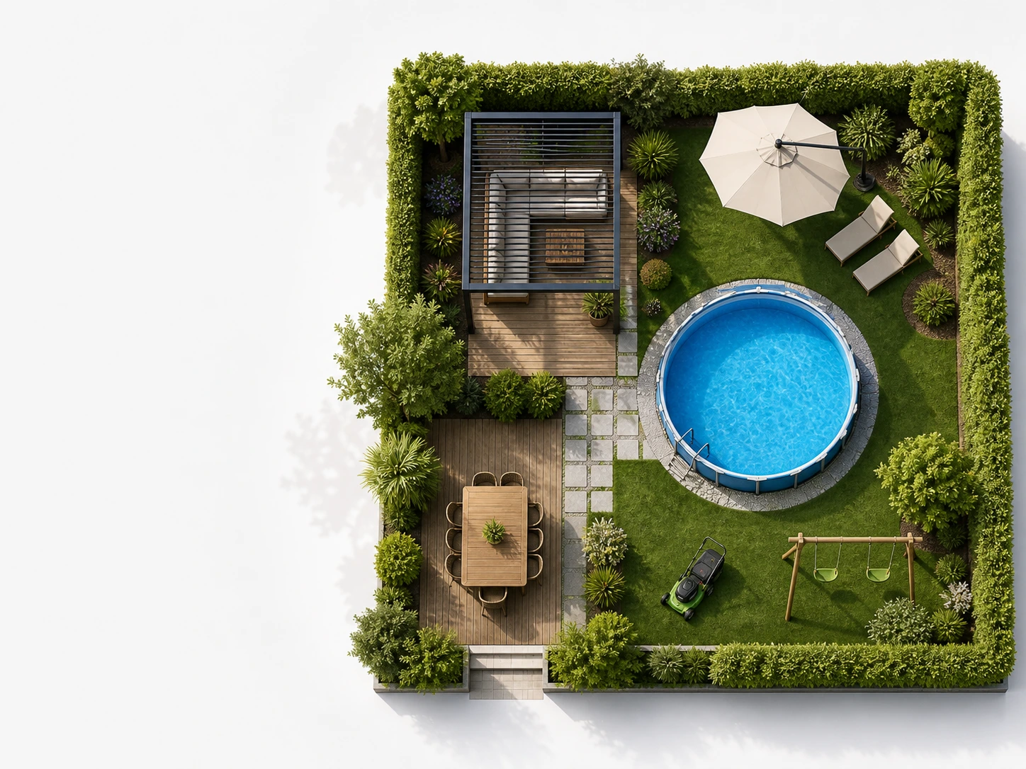 Vue du dessus d'un jardin avec piscine et terrasse